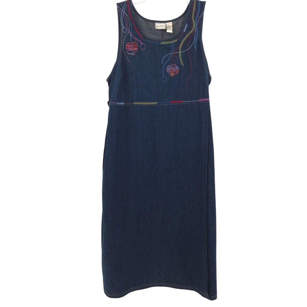 Napa Valley Denim Jumper Dress Women 1X‎ Blue Embroidered Floral Sleeveless Midi